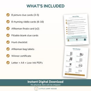 May include: A digital scavenger hunt kit including 8 picture clue cards, 8 rhyming riddle cards, Afikoman finale cards, fillable blank clue cards, a hunt checklist, bag labels, a winner certificate, and instructional PDFs for printing.
