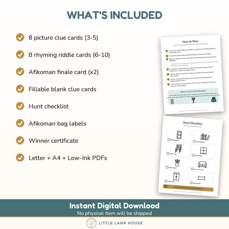 May include: A digital scavenger hunt kit including 8 picture clue cards, 8 rhyming riddle cards, Afikoman finale cards, fillable blank clue cards, a hunt checklist, bag labels, a winner certificate, and instructional PDFs for printing.