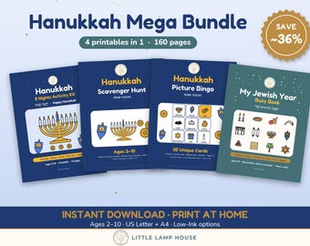 Chanukka-Megapaket zum Ausdrucken, Chanukka-Aktivitäten-Set, Bingo, Schnitzeljagd, Jüdisches Beschäftigungsbuch, Aktivitäten für Kinder von 2–10 Jahren (PDF)