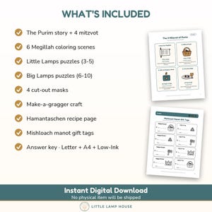 May include: A digital activity set for Purim featuring a list of included items: The Purim story, 6 coloring scenes, puzzles, masks, a gragger craft, a recipe, and gift tags. Two sample pages show the 4 Mitzvot and Mishloach Manot gift tags.