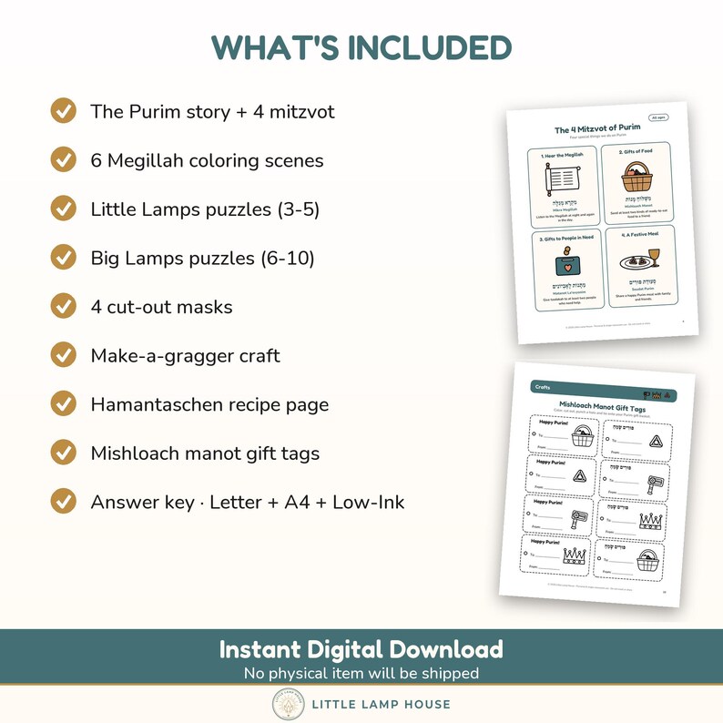 May include: A digital activity set for Purim featuring a list of included items: The Purim story, 6 coloring scenes, puzzles, masks, a gragger craft, a recipe, and gift tags. Two sample pages show the 4 Mitzvot and Mishloach Manot gift tags.