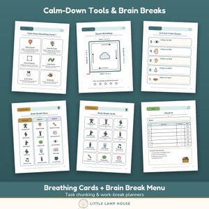 May include: Six printable activity sheets titled Calm-Down Tools & Brain Breaks, featuring breathing exercises, sensory grounding techniques, a brain break menu, task cards, and a task chunking planner with icons and text instructions.