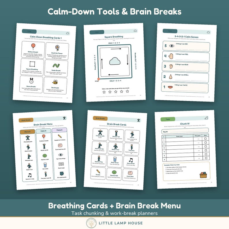 May include: Six printable activity sheets titled Calm-Down Tools & Brain Breaks, featuring breathing exercises, sensory grounding techniques, a brain break menu, task cards, and a task chunking planner with icons and text instructions.