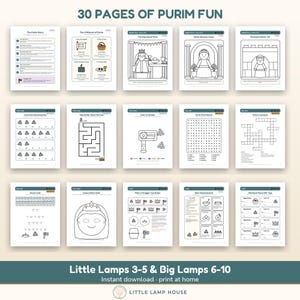 May include: A collection of 30 pages of Purim fun activity sheets featuring black and white illustrations, mazes, word searches, crosswords, and coloring pages. The text includes titles like 30 PAGES OF PURIM FUN and Little Lamps 3-5 & Big Lamps 6-10.