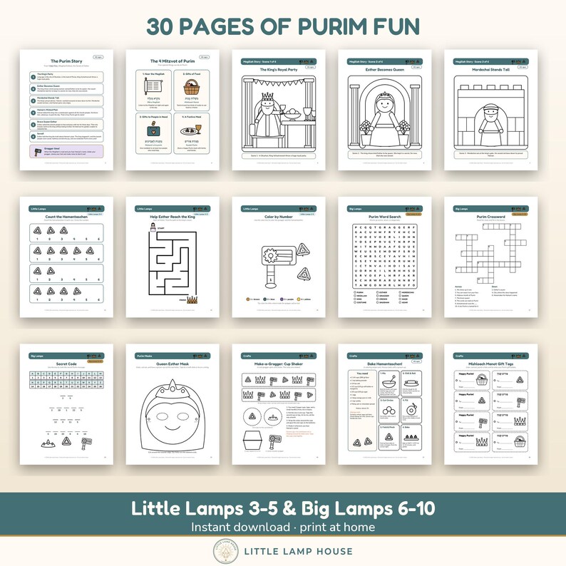 May include: A collection of 30 pages of Purim fun activity sheets featuring black and white illustrations, mazes, word searches, crosswords, and coloring pages. The text includes titles like 30 PAGES OF PURIM FUN and Little Lamps 3-5 & Big Lamps 6-10.