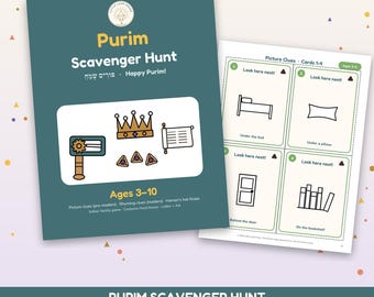 Op de afbeelding: Een Purim speurtocht spelset met een blauwgroene omslag met een illustratie van een kroon, een rol en een ratel, plus een tweede pagina met vier plaatjes-hintkaarten voor kinderen van 3-10 jaar in A4-formaat.