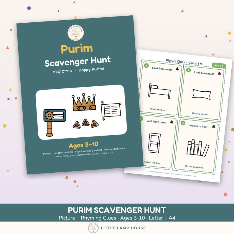Purim Scavenger Hunt Printable for Kids, Purim Party Game, Hamantaschen Hunt Clues, Jewish Holiday Indoor Game Ages 3-10 PDF image 1