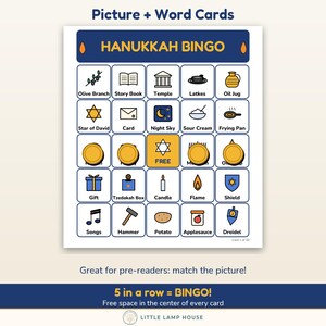 Puede incluir: Una tarjeta de juego de bingo de Hanukkah con una cuadr&iacute;cula de iconos y etiquetas que incluyen Olive Branch, Story Book, Temple, Latkes, Oil Jug, Star of David, Card, Night Sky, Sour Cream, Frying Pan, Gift, Tzedakah Box, Candle, Flame, Shield, Songs, Hammer, Potato, Applesauce y Dreidel.