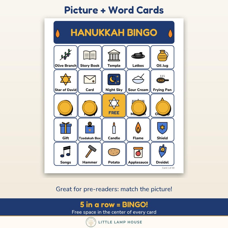 Puede incluir: Una tarjeta de juego de bingo de Hanukkah con una cuadr&iacute;cula de iconos y etiquetas que incluyen Olive Branch, Story Book, Temple, Latkes, Oil Jug, Star of David, Card, Night Sky, Sour Cream, Frying Pan, Gift, Tzedakah Box, Candle, Flame, Shield, Songs, Hammer, Potato, Applesauce y Dreidel.