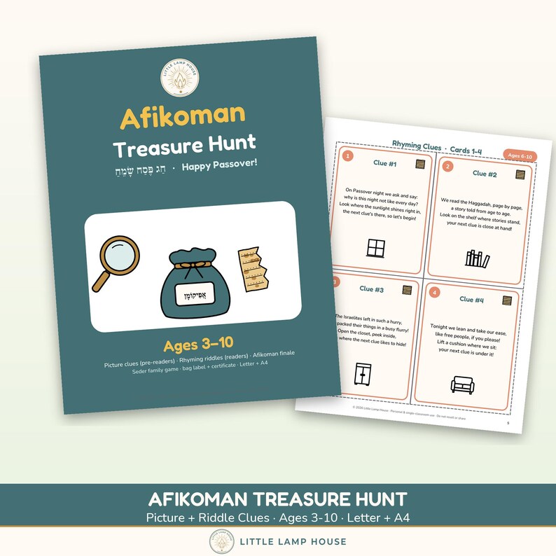 May include: An Afikoman Treasure Hunt game set for ages 3-10, featuring a teal cover with a magnifying glass, a tied bag, and a matzah illustration. The set includes rhyming clue cards numbered 1-4 with icons for windows, books, a closet, and a sofa.