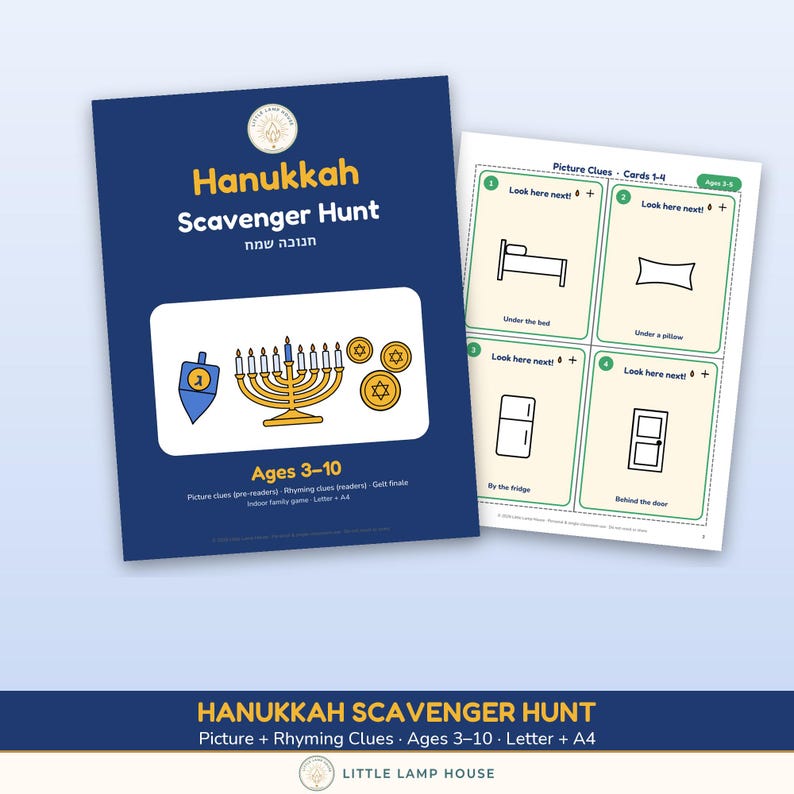 Caça ao Tesouro de Hanukkah para Imprimir para Crianças, Pistas para a Caça ao Tesouro de Hanukkah, Jogo Judaico para Famílias de 3 a 10 Anos (PDF) imagem 1