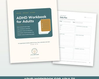 Op de afbeelding: Een printbaar ADHD Workbook for Adults met een blauwgroene omslag, witte tekst, een bruin notitieblok-icoon en een dagelijkse planpagina. De tekst bevat Brain dump, task triage en de naam Little Lamp House.