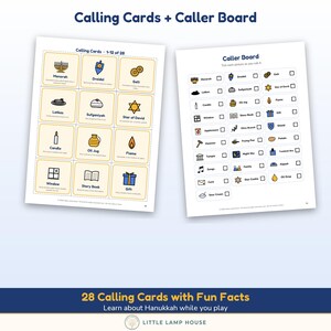 Puede incluir: Un juego de bingo de Hanukkah que incluye una hoja de tarjetas con ilustraciones y datos curiosos, y un tablero de control con casillas. El texto incluye Calling Cards + Caller Board y 28 Calling Cards with Fun Facts.