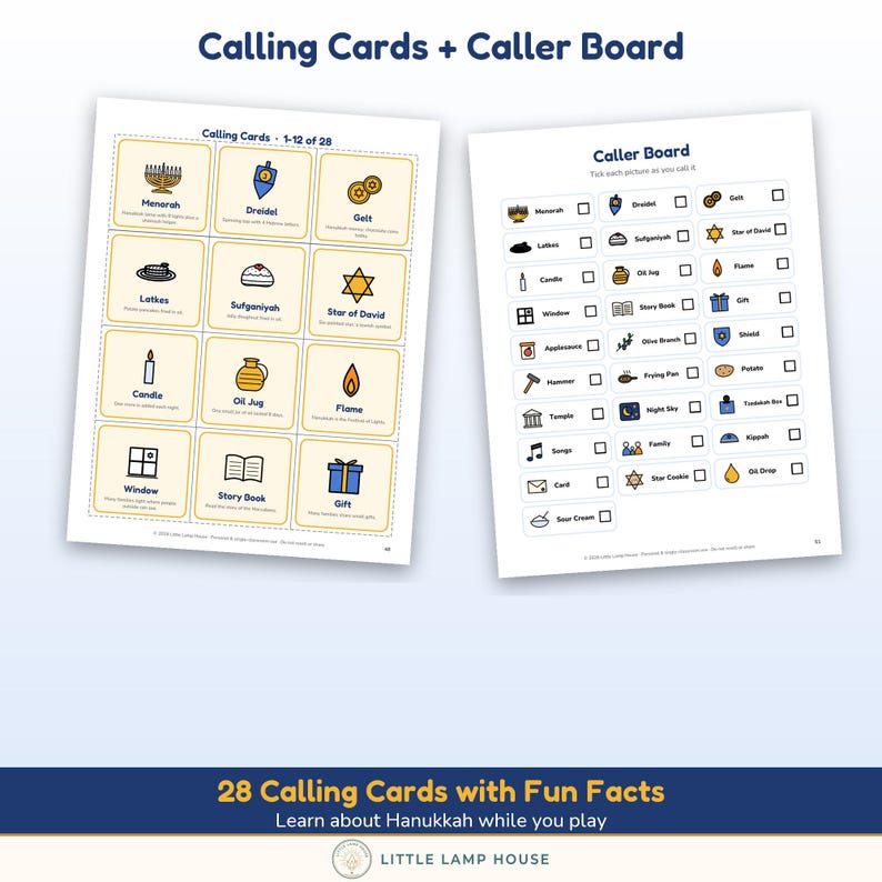 Puede incluir: Un juego de bingo de Hanukkah que incluye una hoja de tarjetas con ilustraciones y datos curiosos, y un tablero de control con casillas. El texto incluye Calling Cards + Caller Board y 28 Calling Cards with Fun Facts.