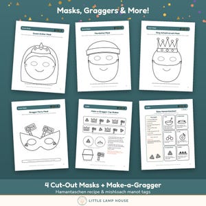 May include: A set of six printable activity sheets titled Masks, Graggers & More! featuring black and white line art for Purim. Includes cut-out masks for Queen Esther, Mordechai, and King Achashverosh, a gragger party mask, a cup shaker craft, and a recipe.