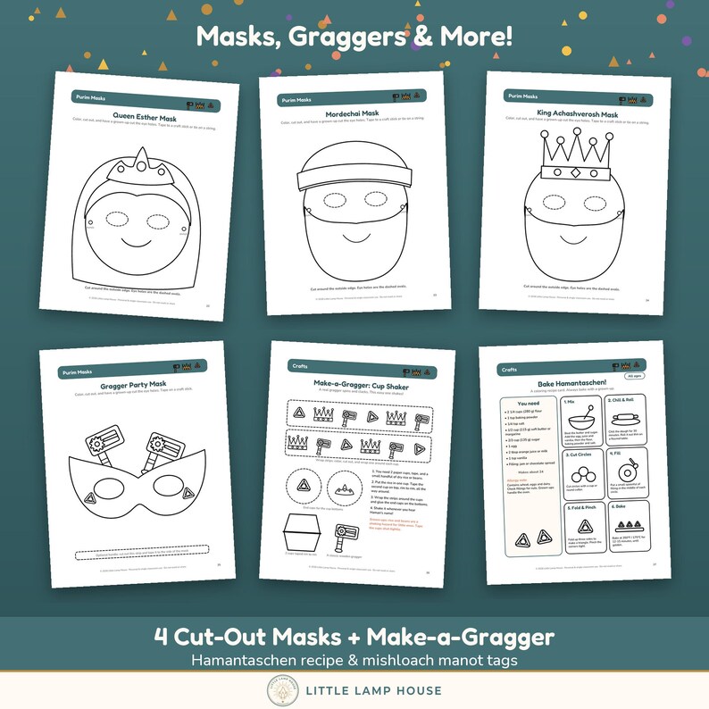 May include: A set of six printable activity sheets titled Masks, Graggers & More! featuring black and white line art for Purim. Includes cut-out masks for Queen Esther, Mordechai, and King Achashverosh, a gragger party mask, a cup shaker craft, and a recipe.