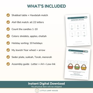May include: A digital educational activity set featuring a list of included items: Shabbat table, Alef-Bet match, candle counting, colors, holiday sorting, Jewish Year wheel, Seder plate, and assembly guide, alongside two sample activity pages.