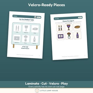 May include: Two educational activity sheets titled Velcro-Ready Pieces. The left sheet, Set the Shabbat Table, features shadow outlines of candles, a Kiddush cup, challah, a challah cover, flowers, and grape juice. The right sheet shows colored cut-outs.