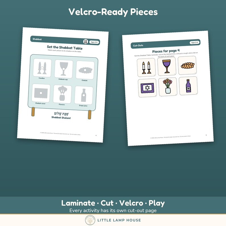 May include: Two educational activity sheets titled Velcro-Ready Pieces. The left sheet, Set the Shabbat Table, features shadow outlines of candles, a Kiddush cup, challah, a challah cover, flowers, and grape juice. The right sheet shows colored cut-outs.