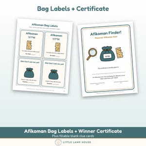 May include: A printable set featuring Afikoman bag labels and a Passover Afikoman Finder certificate. The labels include illustrations of a matzah piece and a drawstring bag with text. The certificate features a magnifying glass, bag, and matzah.