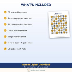 Puede incluir: Un set de juego de bingo digital que incluye 30 tarjetas &uacute;nicas, un formato de 2 por p&aacute;gina, 28 tarjetas de llamada con datos curiosos, una lista de verificaci&oacute;n, una hoja de marcadores de bingo e instrucciones con 4 ideas en PDF.