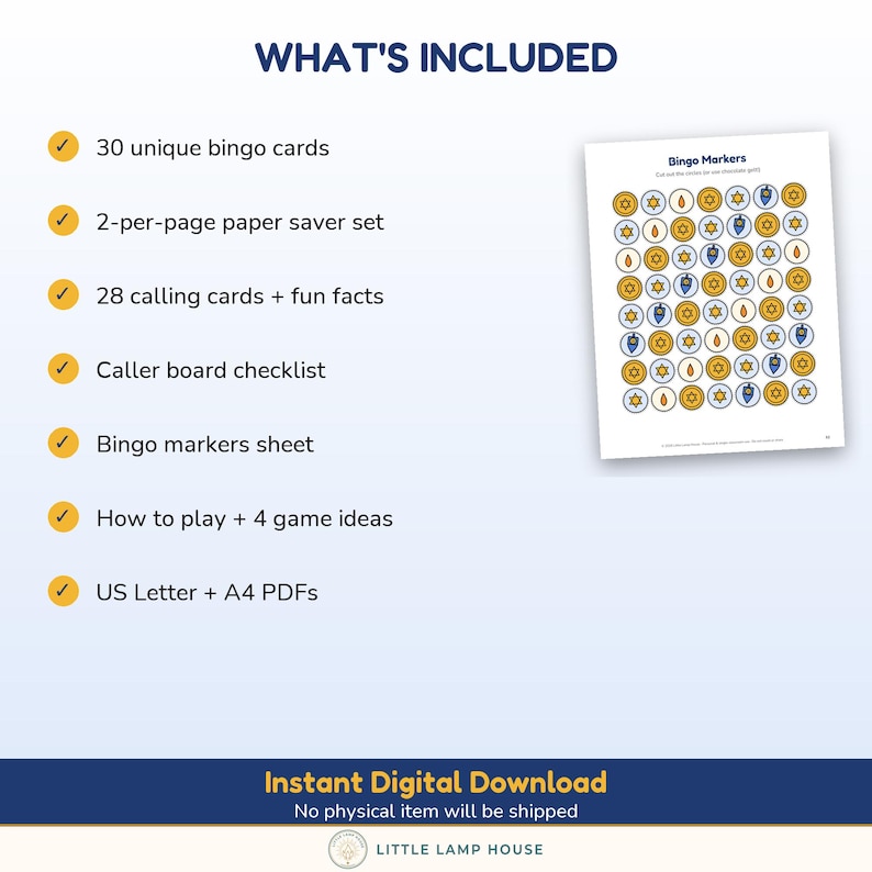Puede incluir: Un set de juego de bingo digital que incluye 30 tarjetas &uacute;nicas, un formato de 2 por p&aacute;gina, 28 tarjetas de llamada con datos curiosos, una lista de verificaci&oacute;n, una hoja de marcadores de bingo e instrucciones con 4 ideas en PDF.