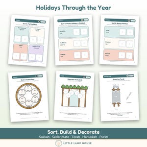 May include: Six educational activity sheets titled Holidays Through the Year, featuring sorting tasks for Jewish holidays like Rosh Hashanah, Hanukkah, and Passover, plus interactive pages to build a Seder plate, decorate a Sukkah, and dress the Torah.