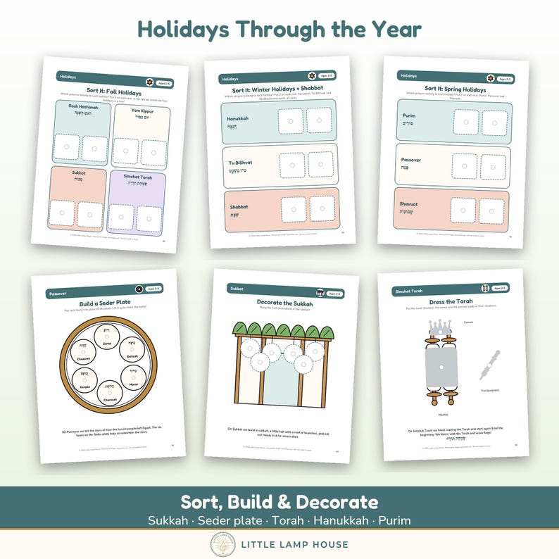 May include: Six educational activity sheets titled Holidays Through the Year, featuring sorting tasks for Jewish holidays like Rosh Hashanah, Hanukkah, and Passover, plus interactive pages to build a Seder plate, decorate a Sukkah, and dress the Torah.
