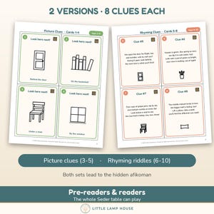 May include: A printable activity sheet titled 2 VERSIONS 8 CLUES EACH featuring two sets of cards for children. The left side shows picture clues for ages 3-5, while the right side displays rhyming riddles for ages 6-10, both designed to lead to a hidden afikoman.
