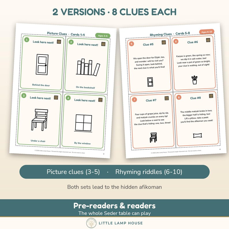 May include: A printable activity sheet titled 2 VERSIONS 8 CLUES EACH featuring two sets of cards for children. The left side shows picture clues for ages 3-5, while the right side displays rhyming riddles for ages 6-10, both designed to lead to a hidden afikoman.