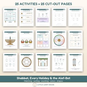 May include: A collection of 25 activity and 25 cut-out pages titled Shabbat, Every Holiday & the Alef-Bet. The pages feature educational worksheets with illustrations of a menorah, seder plate, sukkah, Torah, and Hebrew alphabet letters for matching, sorting, and counting.
