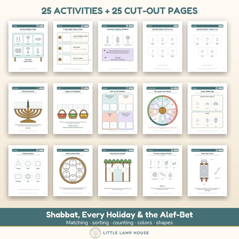 May include: A collection of 25 activity and 25 cut-out pages titled Shabbat, Every Holiday & the Alef-Bet. The pages feature educational worksheets with illustrations of a menorah, seder plate, sukkah, Torah, and Hebrew alphabet letters for matching, sorting, and counting.