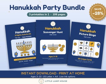Chanukka-Paket zum Ausdrucken für Kinder, Chanukka-Aktivitäten-Set, Schnitzeljagd und Bingo, Jüdische Familienspiele für Kinder von 3-10 Jahren (PDF)