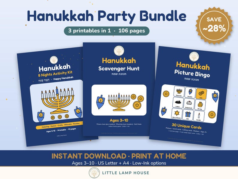 Printbaar Chanoeka-pakket voor kinderen, Chanoeka-activiteitenset, speurtocht en bingo, Joodse familiespellen voor kinderen van 3-10 jaar (PDF) afbeelding 1