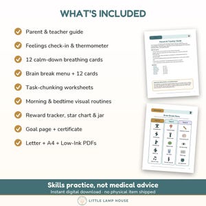 May include: A digital educational resource set titled What's Included, featuring a parent and teacher guide, feelings check-in, 12 calm-down breathing cards, brain break menu, task-chunking worksheets, visual routines, and reward trackers.