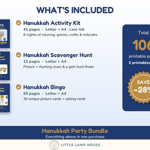 Printbaar Chanoeka-pakket voor kinderen, Chanoeka-activiteitenset, speurtocht en bingo, Joodse familiespellen voor kinderen van 3-10 jaar (PDF) afbeelding 2