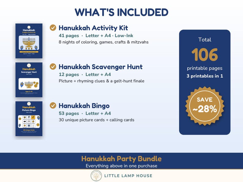 Printbaar Chanoeka-pakket voor kinderen, Chanoeka-activiteitenset, speurtocht en bingo, Joodse familiespellen voor kinderen van 3-10 jaar (PDF) afbeelding 2