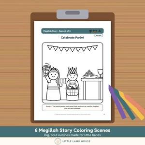 May include: A printable coloring page titled Megillah Story - Scene 6 of 6, Celebrate Purim! The black and white line art features two figures, one holding a grogger and scroll, the other a basket, with bunting and hamantaschen on a table.