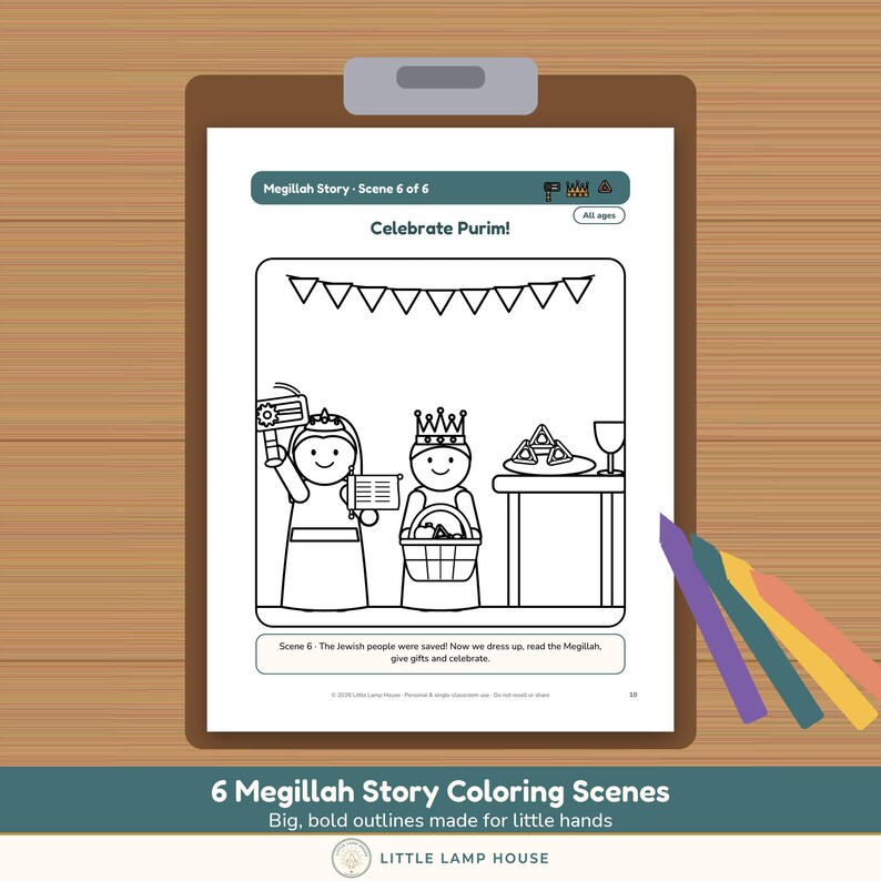 May include: A printable coloring page titled Megillah Story - Scene 6 of 6, Celebrate Purim! The black and white line art features two figures, one holding a grogger and scroll, the other a basket, with bunting and hamantaschen on a table.