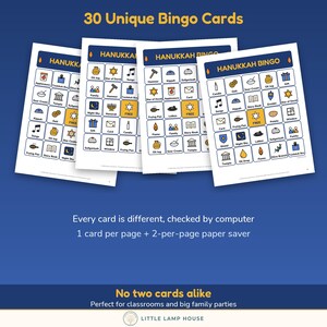 Puede incluir: Cuatro tarjetas de bingo de Hanukkah blancas con bordes azules y detalles amarillos, con dise&ntilde;os de cuadr&iacute;cula con varios iconos festivos y el texto 30 Unique Bingo Cards, Every card is different, checked by computer, 1 card per page + 2-per-page paper saver, No two cards alike, y Little Lamp House.