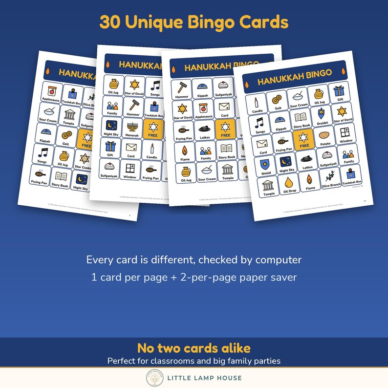 Puede incluir: Cuatro tarjetas de bingo de Hanukkah blancas con bordes azules y detalles amarillos, con dise&ntilde;os de cuadr&iacute;cula con varios iconos festivos y el texto 30 Unique Bingo Cards, Every card is different, checked by computer, 1 card per page + 2-per-page paper saver, No two cards alike, y Little Lamp House.