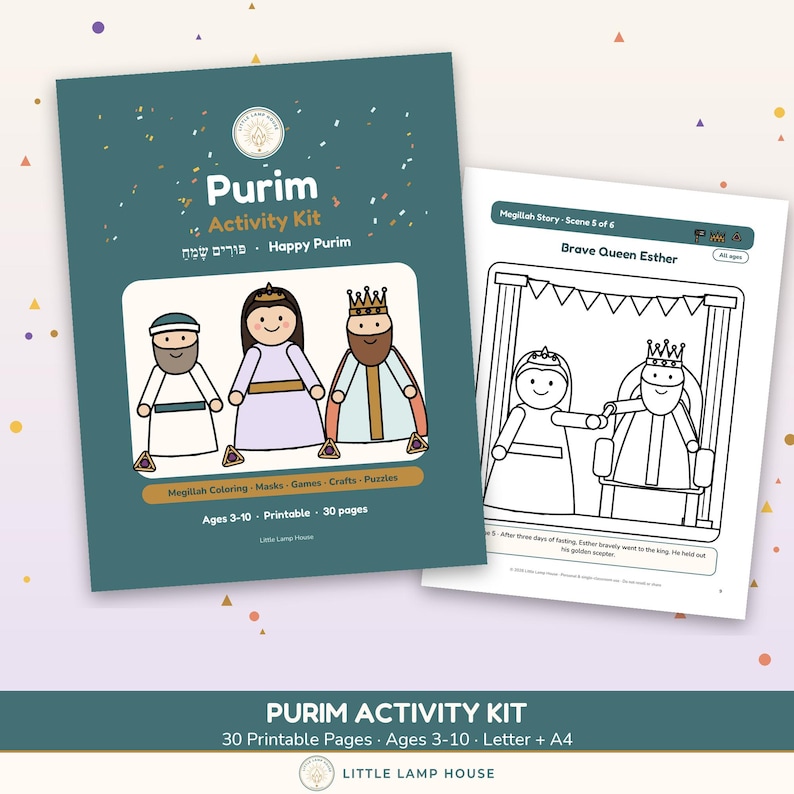 May include: A Purim Activity Kit with a teal cover featuring three illustrated characters and the text Purim Activity Kit, Happy Purim, and Megillah Coloring, Masks, Games, Crafts, Puzzles. Includes a printable page titled Brave Queen Esther.