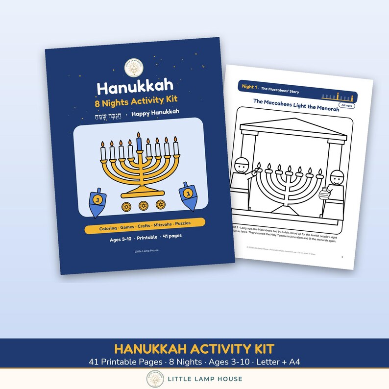 Hanukkah Activity Kit Printable for Kids, 8 Nights Chanukah Games Coloring Mazes, Jewish Family PDF Ages 3-10 image 1