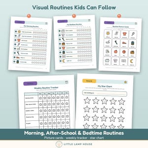 May include: A set of five printable sheets titled Visual Routines Kids Can Follow, including My Morning Routine, My Bedtime Routine, Routine Picture Cards, Weekly Routine Tracker, and My Star Chart, featuring icons, checklists, and star grids.