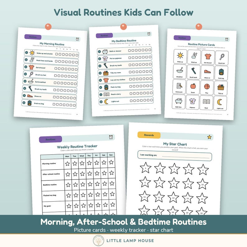 May include: A set of five printable sheets titled Visual Routines Kids Can Follow, including My Morning Routine, My Bedtime Routine, Routine Picture Cards, Weekly Routine Tracker, and My Star Chart, featuring icons, checklists, and star grids.
