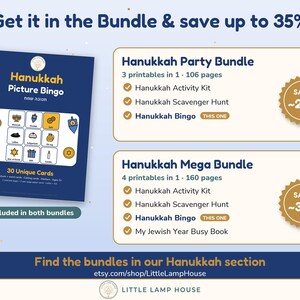 Puede incluir: Un juego de bingo ilustrado de Hanukkah imprimible con 30 tarjetas &uacute;nicas, junto a un paquete de fiesta de Hanukkah de 106 p&aacute;ginas y un mega paquete de Hanukkah de 160 p&aacute;ginas, que incluye kits de actividades, b&uacute;squedas y un libro.