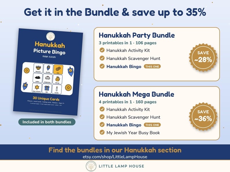 Puede incluir: Un juego de bingo ilustrado de Hanukkah imprimible con 30 tarjetas &uacute;nicas, junto a un paquete de fiesta de Hanukkah de 106 p&aacute;ginas y un mega paquete de Hanukkah de 160 p&aacute;ginas, que incluye kits de actividades, b&uacute;squedas y un libro.