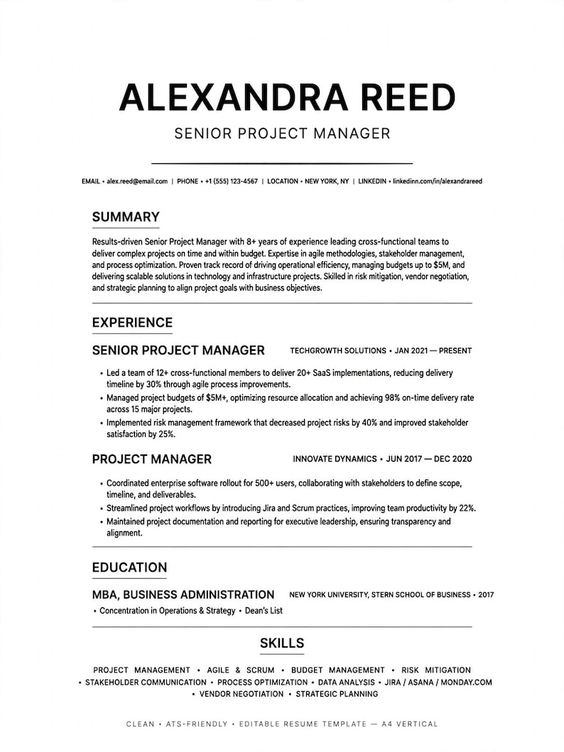 Senior Project Manager Resume Template ATS, Executive Project Manager ...