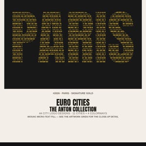 EURO CITIES — Anton Mosaic Collection · 44 City Name Logo Designs · Micro-Text Pattern Fill · Bundle #ANTON-44