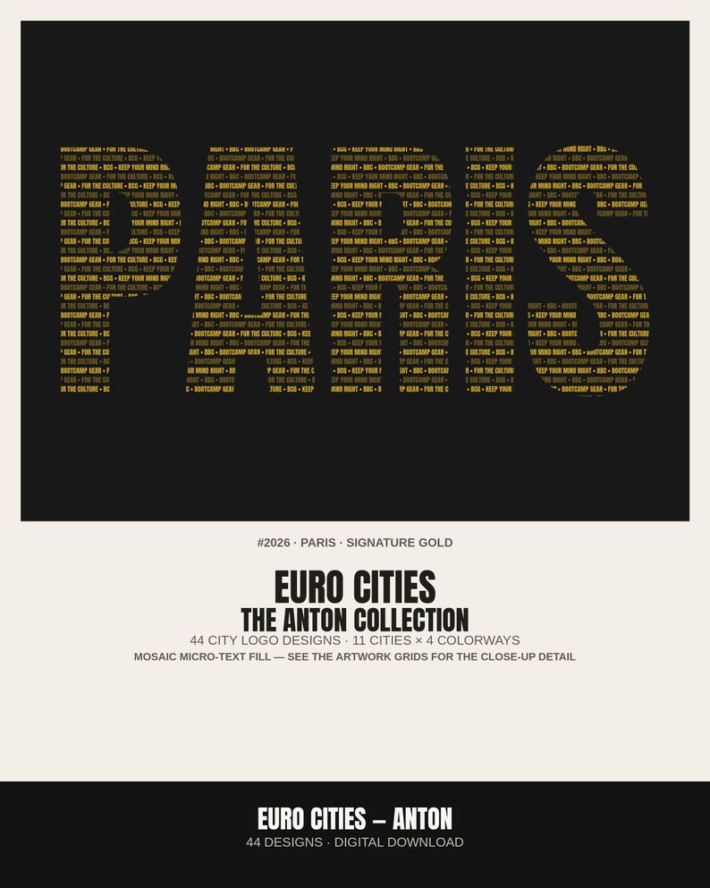 May include: A graphic print featuring the word PARIS in large letters filled with repeating micro-text. Below, text reads #2026 PARIS SIGNATURE GOLD, EURO CITIES THE ANTON COLLECTION, 44 CITY LOGO DESIGNS, and EURO CITIES &ndash; ANTON 44 DESIGNS DIGITAL DOWNLOAD.